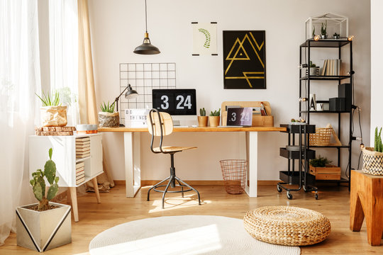 Stylish Home Office With Pouf