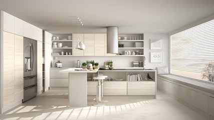 Modern wooden kitchen with wooden details and panoramic window, white minimalistic interior design, sunset sunrise panorama