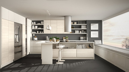 Modern wooden kitchen with wooden details and panoramic window, white and gray minimalistic interior design, sunset sunrise panorama