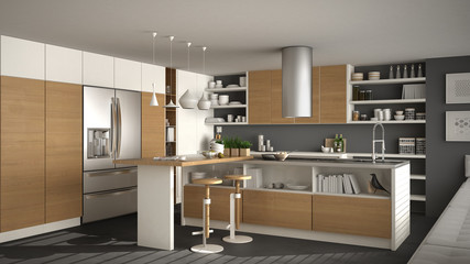 Modern wooden kitchen with wooden details, white and gray minimalistic interior design