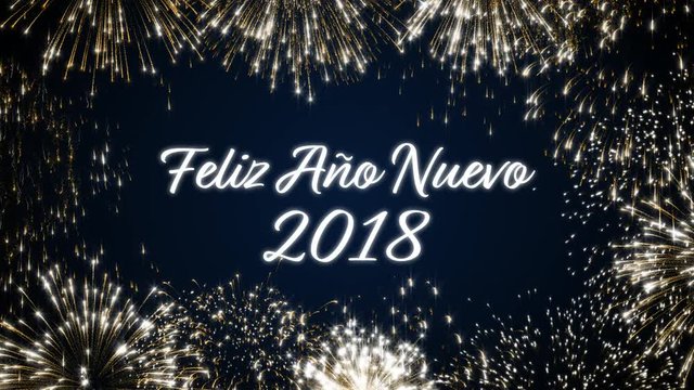 Looping happy new year 2018 social post card with gold animated fireworks on elegant black and blue background.Loop Celebration spanish language concept. Loopable animation for festive holiday event