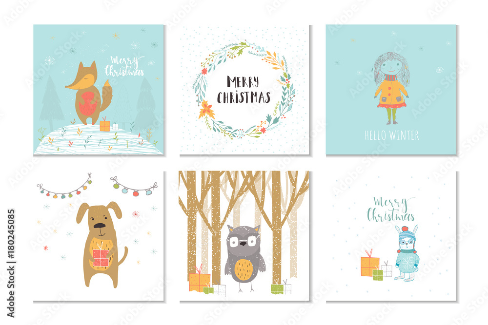 Sticker Collection of 6 Merry Christmas cute greeting card with animals, presents and lettering.