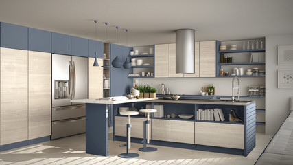 Modern wooden kitchen with wooden details, white and blue minimalistic interior design