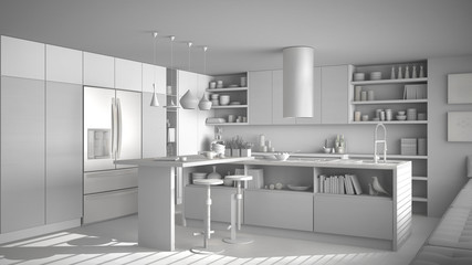 Total white project of modern wooden kitchen with wooden details, white minimalistic interior design