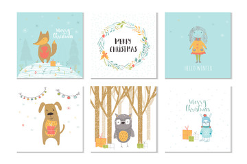Collection of 6 Merry Christmas cute greeting card with animals, presents and lettering.