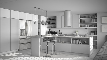 Unfinished project of of modern wooden kitchen with wooden details, white minimalistic interior design