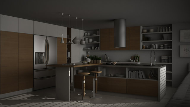 Modern wooden kitchen with wooden details,white minimalistic interior design, night scene