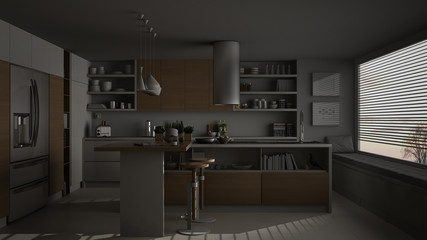 Modern wooden kitchen with wooden details and panoramic window, white minimalistic interior design, night scene