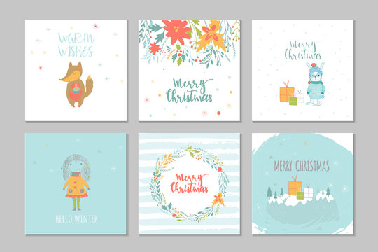 Collection of 6 Merry Christmas cute greeting card with animals, presents and lettering.