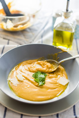 Pumpkin soup with coconut cream.