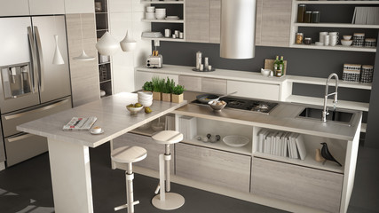 Modern wooden kitchen with wooden details, close up, island with stools, white and gray minimalistic interior design