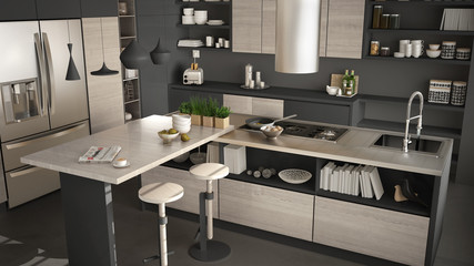 Modern wooden kitchen with wooden details, close up, island with stools, white and gray minimalistic interior design