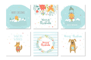 Collection of 6 Merry Christmas cute greeting card with animals, presents and lettering.