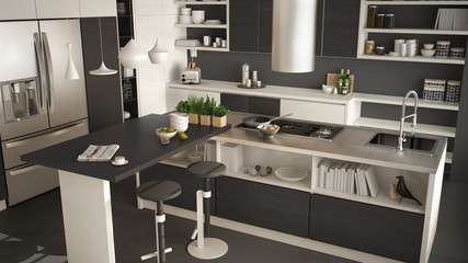 Modern wooden kitchen with wooden details, close up, island with stools, white and gray minimalistic interior design