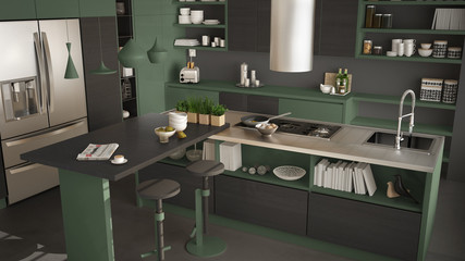 Modern wooden kitchen with wooden details, close up, island with stools, gray and green minimalistic interior design