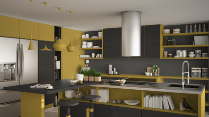 Modern wooden kitchen with wooden details, close up, island with stools, yellow and gray minimalistic interior design