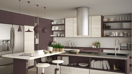 Modern wooden kitchen with wooden details, close up, island with stools, red and white minimalistic interior design