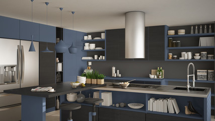 Modern wooden kitchen with wooden details, close up, island with stools, blue and gray minimalistic interior design