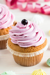 Closeup of cupcakes with vanilla, berries, pink and white cream, chocolate and sprinkles on wooden background. Selective focus. Sweet dessert tasty food concept muffin