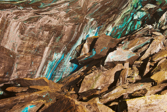 Abstract texture of the oxidated copper on the walls of the underground copper mine in Roros, Norway.