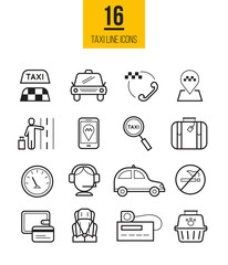 Taxi app linear icons set. Vector travel line style symbols collection.