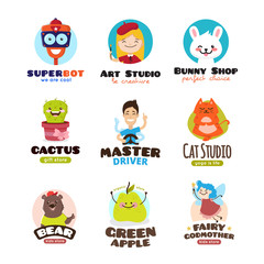 Cartoon mascots vector set. Kids logo design templates funny collection