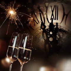 Congratulations with champagne and clock for new year