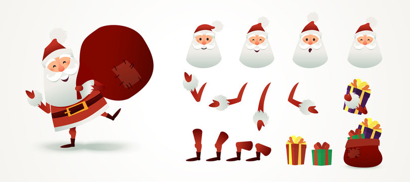 Santa Claus set for animation and motion design. Christmas father emotion, part body, present boxes, hats. Cute X-mas character for Holiday design with sack full of gift. New year Greeting Card for