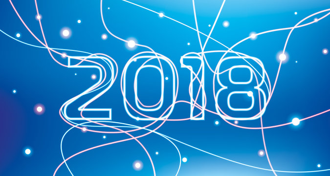 Happy New Year! 2018. Glowing neon lines on a blue background, holiday card for your business project, vector design