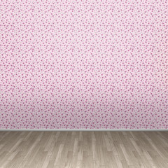 3d interior rendering of pink circles wallpaper and wooden floor