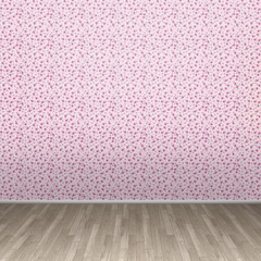 3d interior rendering of pink circles wallpaper and wooden floor