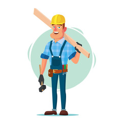 Fototapeta premium Timber Frame House Construction Worker Vector. Construction Worker On Framing A Building. Isolated Flat Cartoon Character Illustration