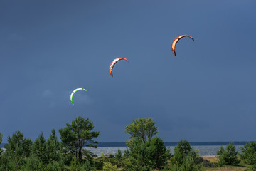 A kite surfer rides on the sea. Kites in the sky. Kite Boarding, extreme sport on Mohni, small island in Estonia, Europe.