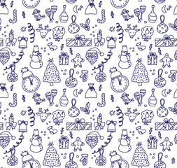 New year Christmas objects monochrome ink seamless pattern.