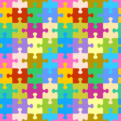 Seamless (you see 4 tiles) colorful jigsaw puzzle pattern, background, print, swatch or wallpaper with classically shaped pieces