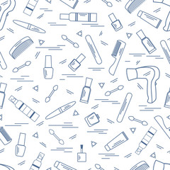 Cute pattern of various accessories of decorative cosmetics, hair  and face care products.