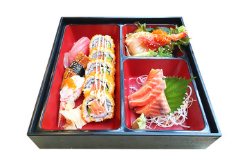 Authentic delicious famous Japanese food Salmon sushi Bento set isolated on white background with clipping path.