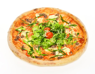 Take away food with crunchy edges. Spicy pizza with salad