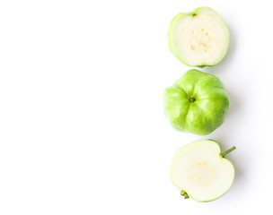 Closeup top view green guava fruit on white background, Topical fruit for healhty concept
