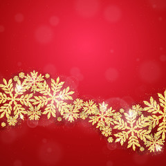 Merry Christmas and Happy New Year greeting card with gold glittering snowflakes wave on red background. Seasonal holiday banner