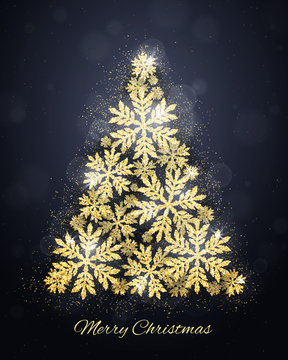 Merry Christmas and Happy New Year greeting card with gold glittering snowflakes Christmas tree on dark background. Winter seasonal holiday background