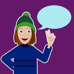 Illustration with smiling girl in sweater, hat and victory hand with speechbubble