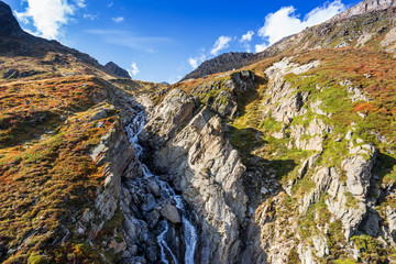 Obraz premium Mountains and peaks landscape. Stubaier Gletscher covered with glaciers and snow, natural environment. Hiking in the Stubai Alps. Ski resort in Tirol, Austria, Europe