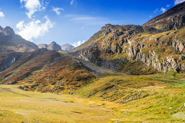 Mountains and peaks landscape. Stubaier Gletscher covered with glaciers and snow, natural environment. Hiking in the Stubai Alps. Ski resort in Tirol, Austria, Europe
