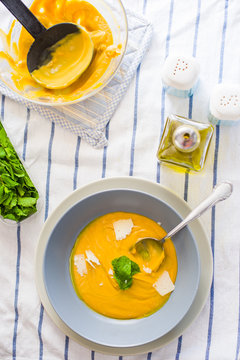 Pumpkin soup with coconut cream.