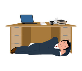 Businessman sleeping under table. Boss asleep. Office life. Vector illustration.
