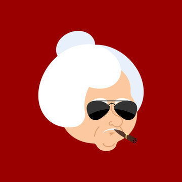 Grandmother Cool serious avatar of emotions. grandma smoking cigar emoji. strict. Vector illustration