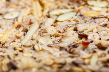 Detailed closeup whole grain bread with many grains