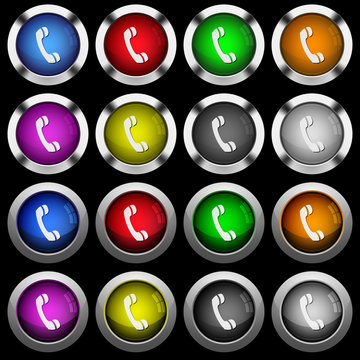 Telephone call white icons in round glossy buttons on black background