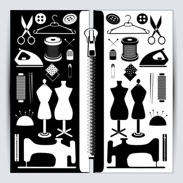 Set of sewing tools, Contains such icons as sewing machine, fabric, thread, mannequin, scissors, awl, spool, button, and more. Black and White sewing accessories. For sewing store and tailor shops.